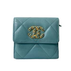 CHANEL Authentic Blue Lambskin Leather Wallet